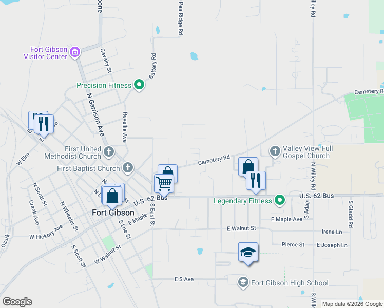 map of restaurants, bars, coffee shops, grocery stores, and more near 404 Cemetery Rd in Fort Gibson