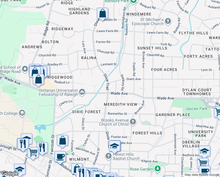 map of restaurants, bars, coffee shops, grocery stores, and more near 901 Dixie Trail in Raleigh