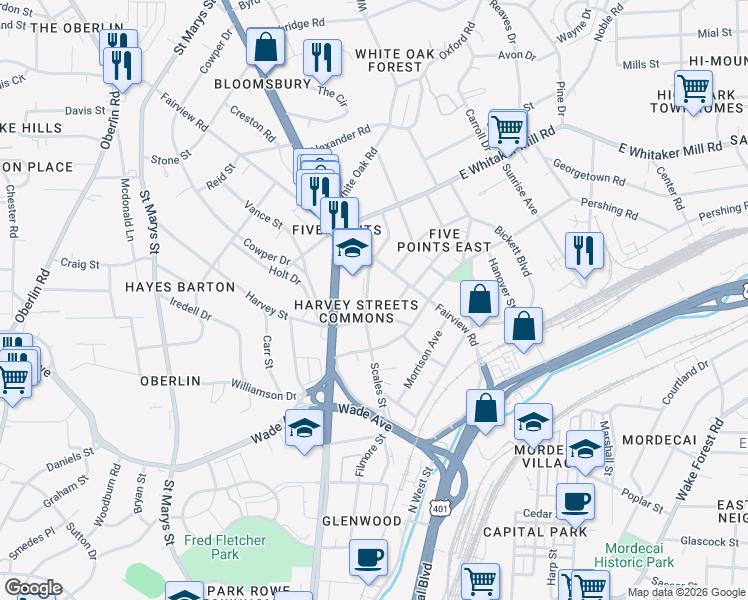 map of restaurants, bars, coffee shops, grocery stores, and more near 1614 Glenwood Avenue in Raleigh