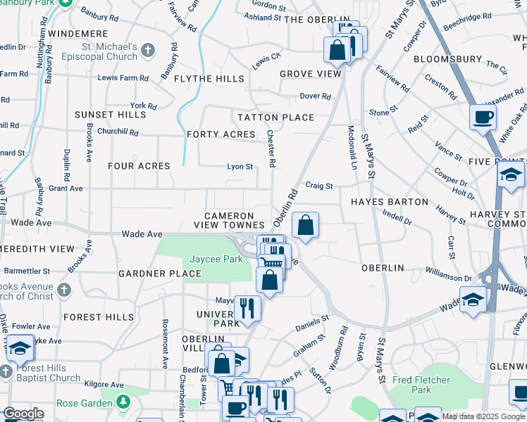 map of restaurants, bars, coffee shops, grocery stores, and more near 1333 Chester Road in Raleigh