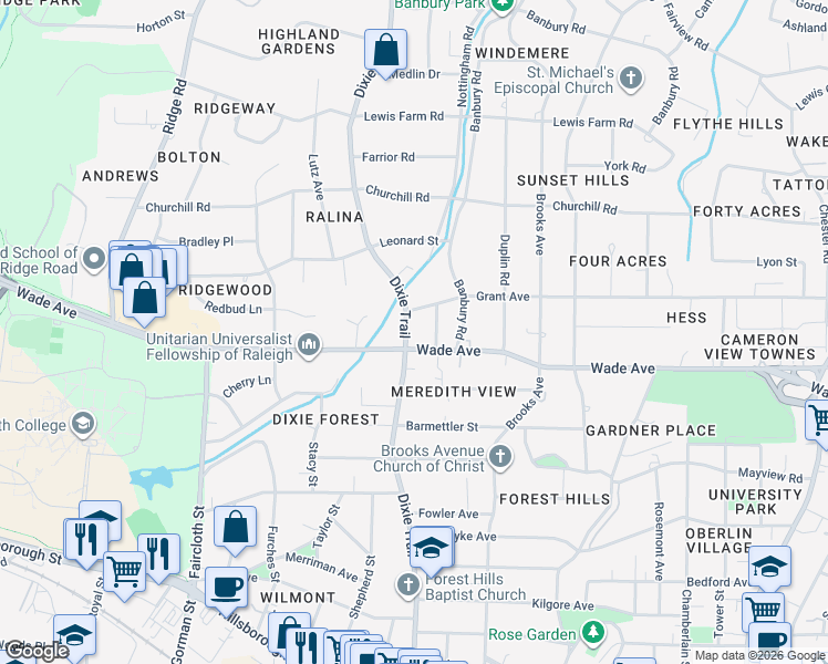 map of restaurants, bars, coffee shops, grocery stores, and more near 901 Dixie Trail in Raleigh