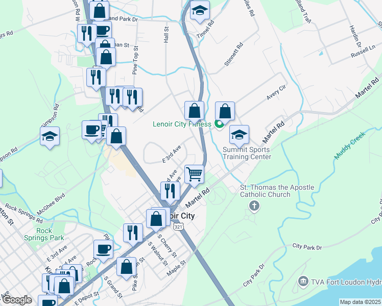 map of restaurants, bars, coffee shops, grocery stores, and more near 1316 East 2nd Avenue in Lenoir City