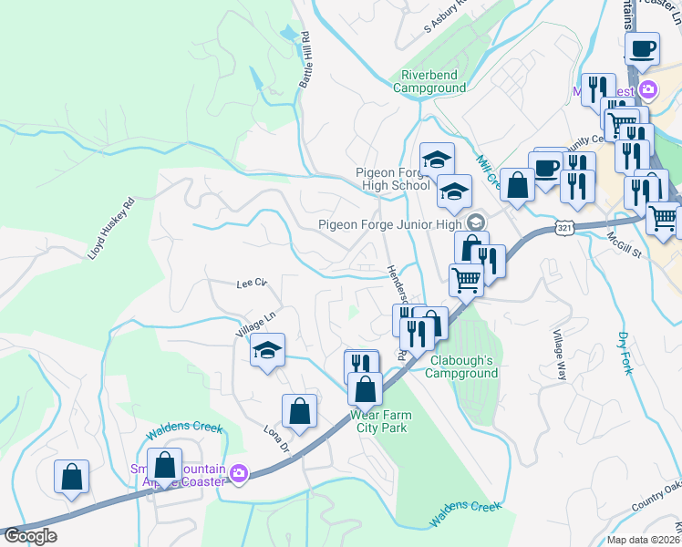 map of restaurants, bars, coffee shops, grocery stores, and more near 608 Gloryland Way in Pigeon Forge