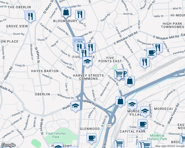 map of restaurants, bars, coffee shops, grocery stores, and more near 1614 Glenwood Avenue in Raleigh