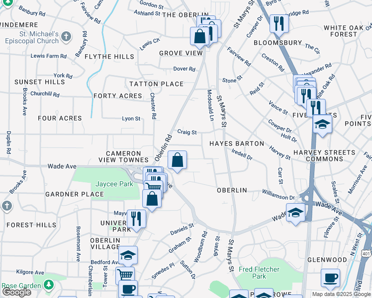 map of restaurants, bars, coffee shops, grocery stores, and more near 1821 Wilshire Avenue in Raleigh