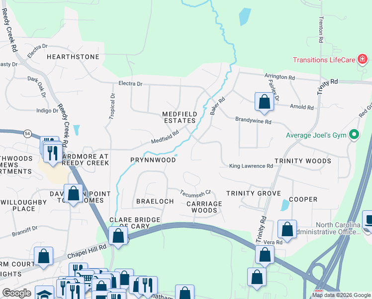 map of restaurants, bars, coffee shops, grocery stores, and more near 1403 Baker Road in Cary