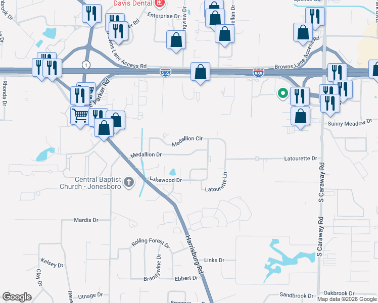 map of restaurants, bars, coffee shops, grocery stores, and more near 1225 Medallion Circle in Jonesboro