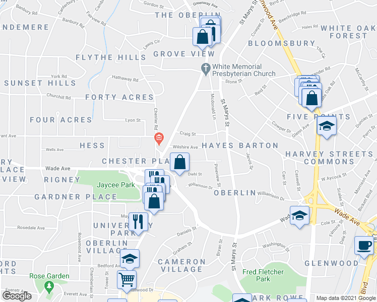 map of restaurants, bars, coffee shops, grocery stores, and more near 1821 Wilshire Avenue in Raleigh