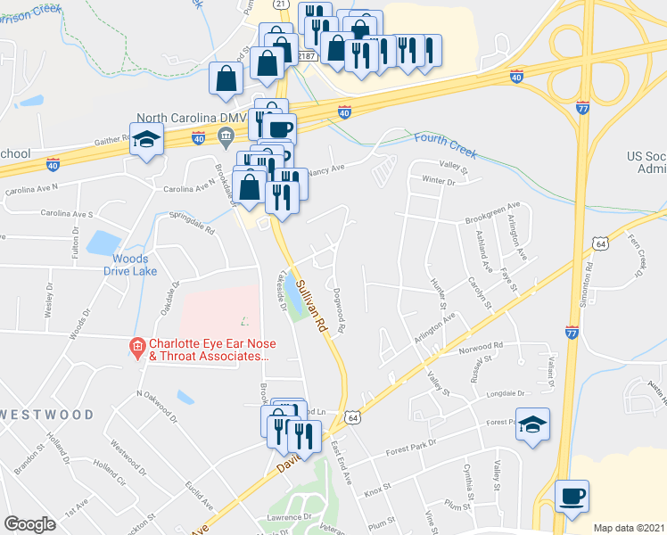 map of restaurants, bars, coffee shops, grocery stores, and more near 555 Dogwood Road in Statesville