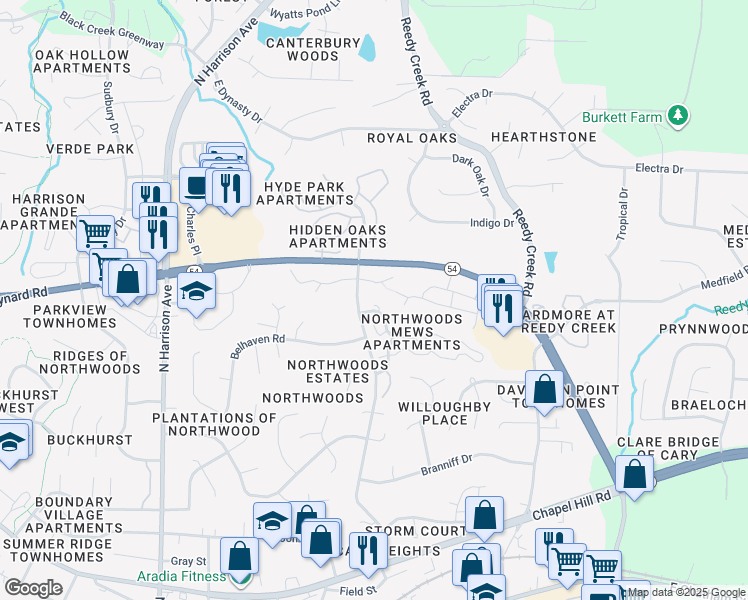 map of restaurants, bars, coffee shops, grocery stores, and more near 200 Coconut Mews in Cary