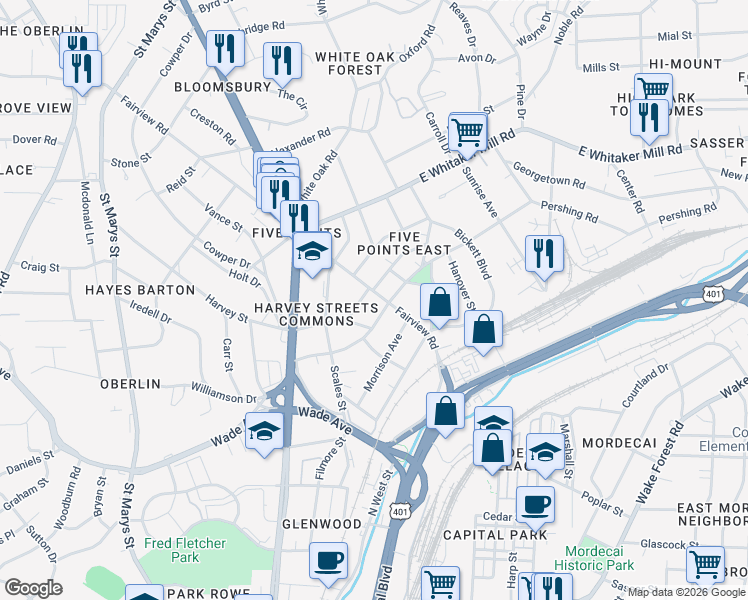 map of restaurants, bars, coffee shops, grocery stores, and more near 1602 Fairview Road in Raleigh