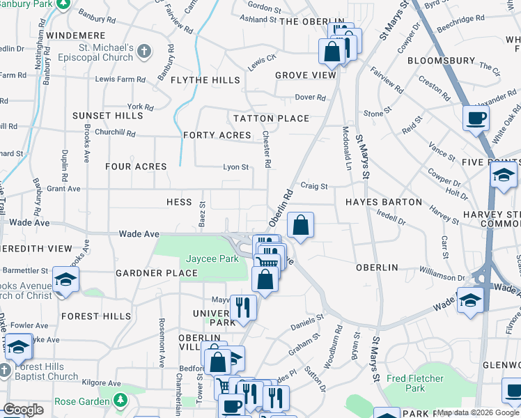 map of restaurants, bars, coffee shops, grocery stores, and more near 1333 Chester Road in Raleigh