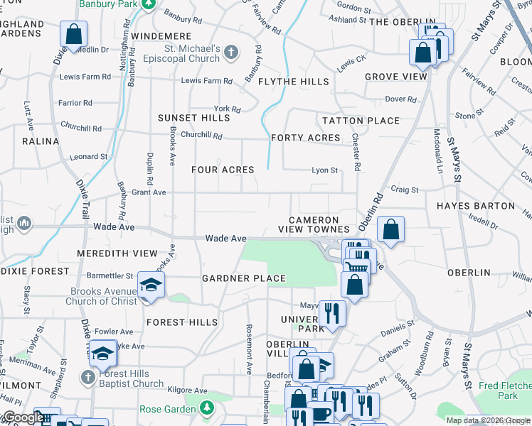 map of restaurants, bars, coffee shops, grocery stores, and more near 2602 Wells Avenue in Raleigh