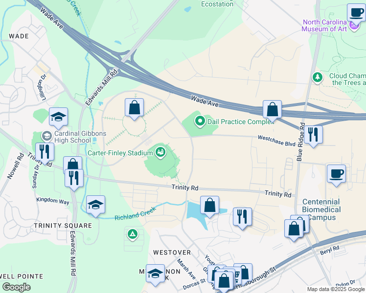 map of restaurants, bars, coffee shops, grocery stores, and more near Peter Karmanos Junior Drive in Raleigh