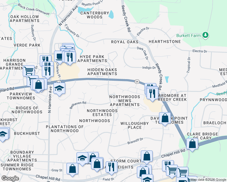 map of restaurants, bars, coffee shops, grocery stores, and more near 200 Coconut Mews in Cary