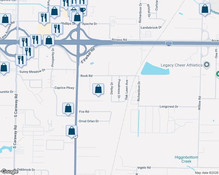 map of restaurants, bars, coffee shops, grocery stores, and more near 3321 Derby Drive in Jonesboro