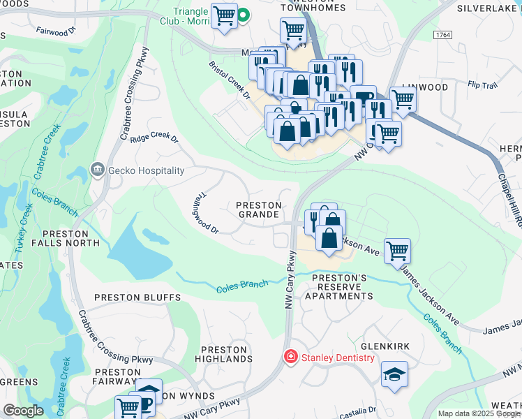 map of restaurants, bars, coffee shops, grocery stores, and more near 105 Pember Place in Morrisville
