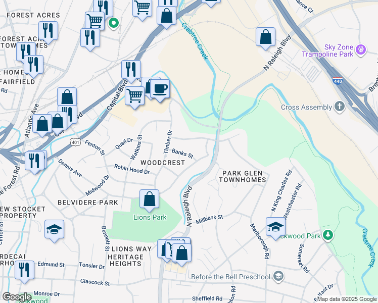 map of restaurants, bars, coffee shops, grocery stores, and more near 527 Banks Street in Raleigh