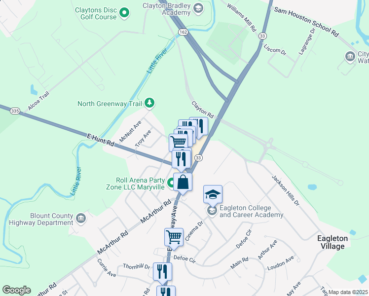 map of restaurants, bars, coffee shops, grocery stores, and more near 2917 Old Knoxville Highway in Maryville