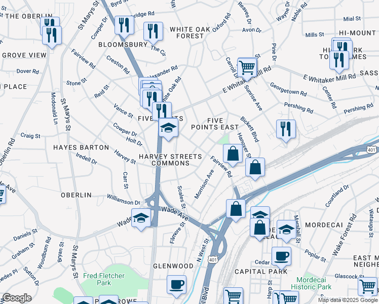 map of restaurants, bars, coffee shops, grocery stores, and more near 508 Burton Street in Raleigh
