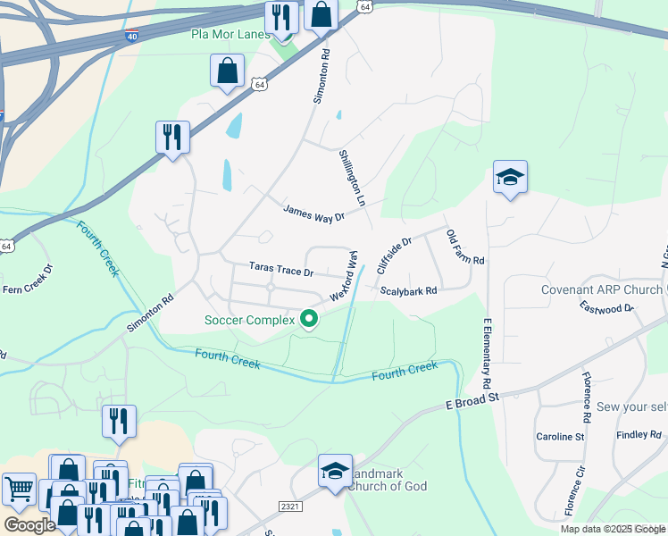map of restaurants, bars, coffee shops, grocery stores, and more near 604 Castlefin Court in Statesville