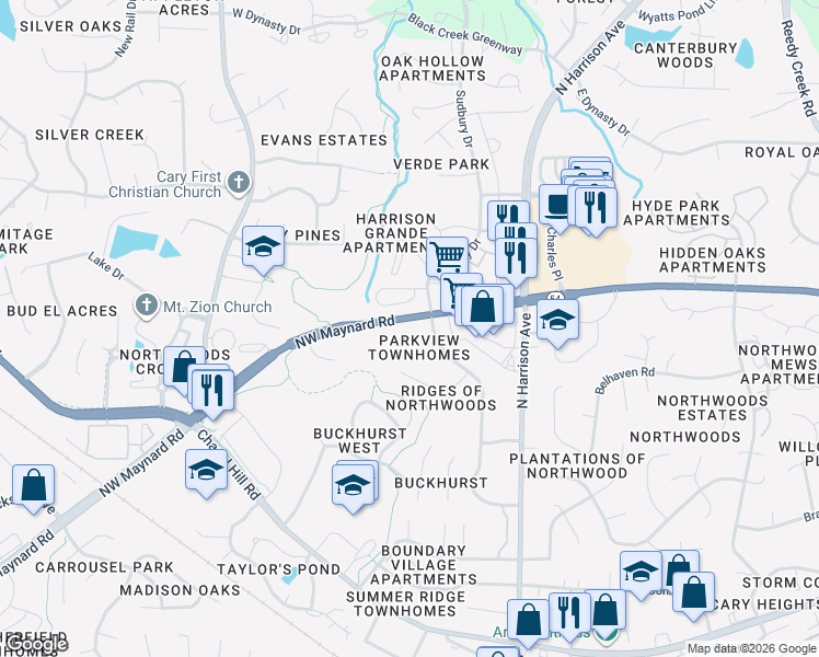 map of restaurants, bars, coffee shops, grocery stores, and more near 114 Boldleaf Court in Cary