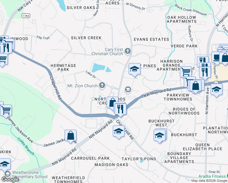 map of restaurants, bars, coffee shops, grocery stores, and more near 1001 Marigold Ridge Drive in Cary