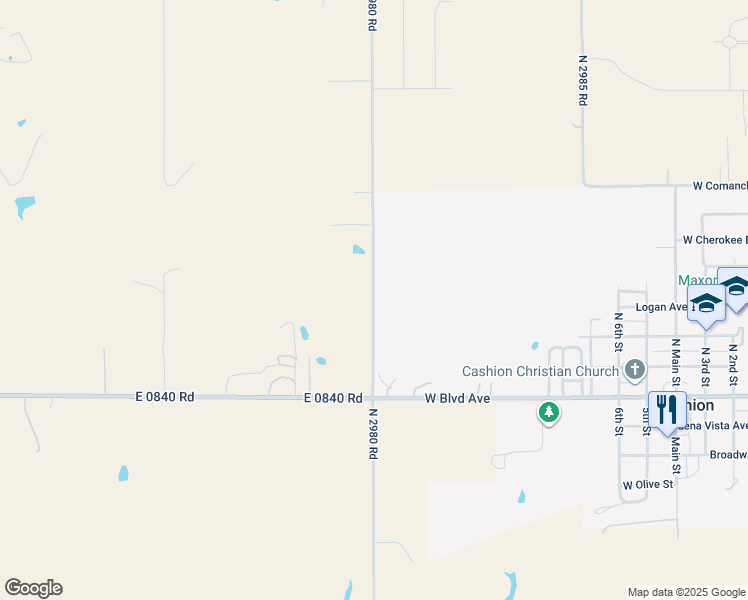 map of restaurants, bars, coffee shops, grocery stores, and more near N2980 Road in Cashion