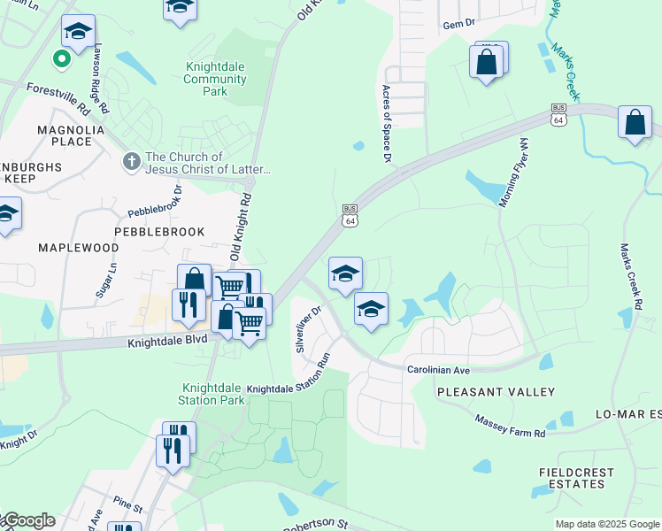 map of restaurants, bars, coffee shops, grocery stores, and more near 7800 Knightdale Boulevard in Knightdale