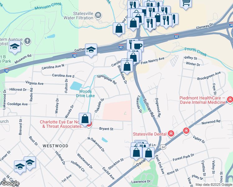 map of restaurants, bars, coffee shops, grocery stores, and more near 725 Oakdale Drive in Statesville