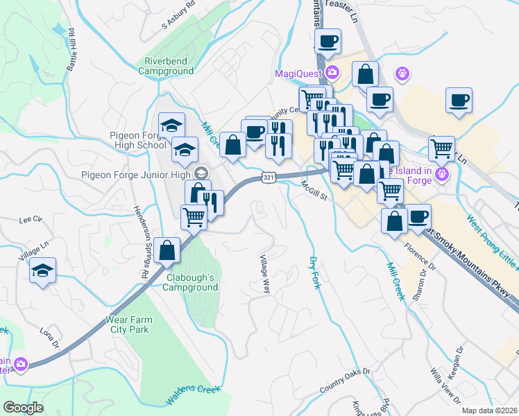 map of restaurants, bars, coffee shops, grocery stores, and more near 410 Big Bear Way in Pigeon Forge