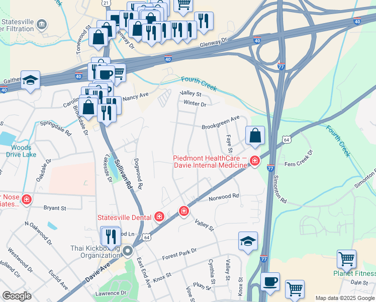 map of restaurants, bars, coffee shops, grocery stores, and more near 1006 Hunter Street in Statesville