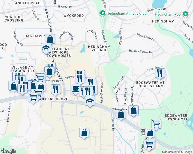 map of restaurants, bars, coffee shops, grocery stores, and more near 1751 Corporation Parkway in Raleigh