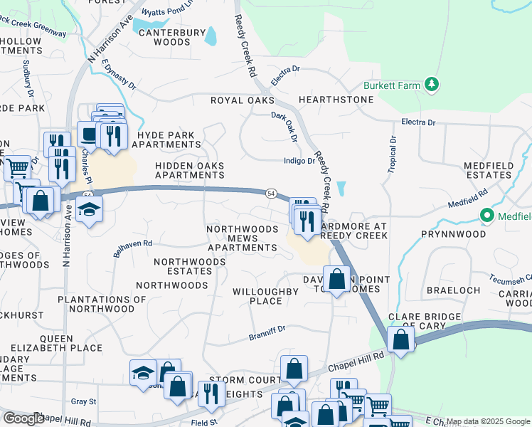map of restaurants, bars, coffee shops, grocery stores, and more near 513 Appledown Drive in Cary