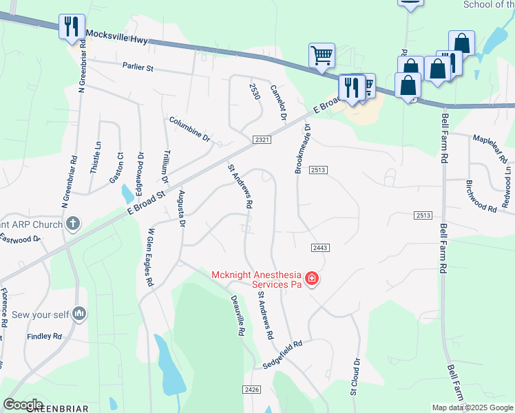 map of restaurants, bars, coffee shops, grocery stores, and more near 215 Saint Andrews Road in Statesville