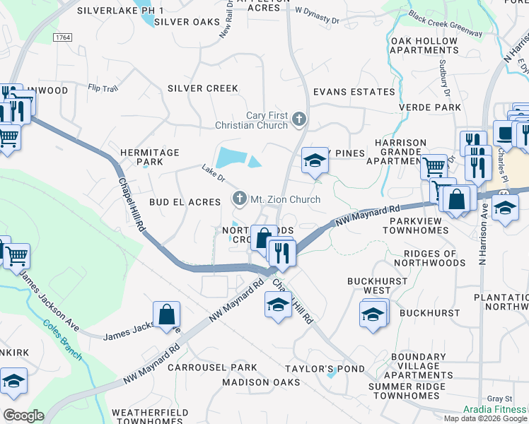 map of restaurants, bars, coffee shops, grocery stores, and more near 1001 Marigold Ridge Drive in Cary