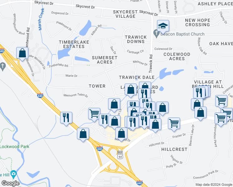 map of restaurants, bars, coffee shops, grocery stores, and more near 3501 Lake Woodard Drive in Raleigh