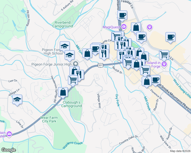 map of restaurants, bars, coffee shops, grocery stores, and more near 415 Big Bear Way in Pigeon Forge