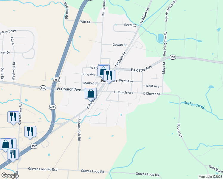 map of restaurants, bars, coffee shops, grocery stores, and more near 120 East Church Avenue in Medina