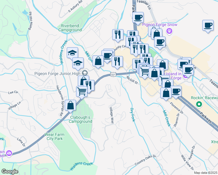 map of restaurants, bars, coffee shops, grocery stores, and more near 430 Big Bear Way in Pigeon Forge