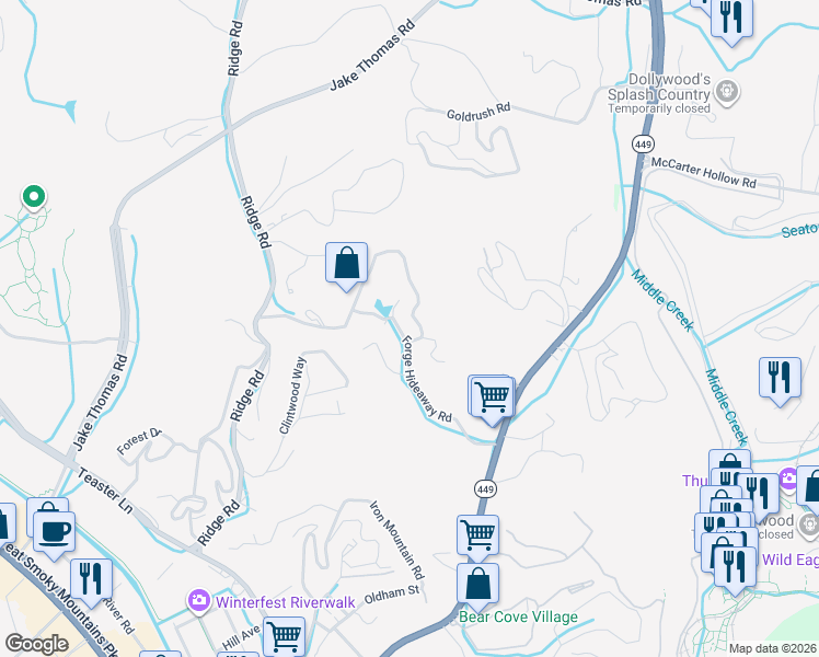 map of restaurants, bars, coffee shops, grocery stores, and more near 3225 Forge Hideaway Road in Pigeon Forge
