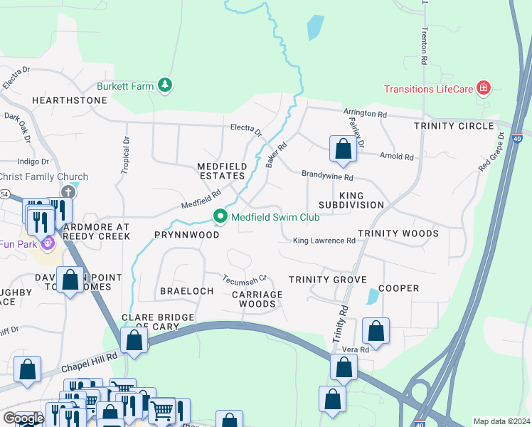 map of restaurants, bars, coffee shops, grocery stores, and more near 6609 King Lawrence Road in Raleigh