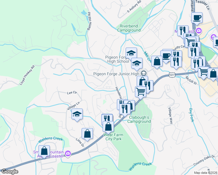 map of restaurants, bars, coffee shops, grocery stores, and more near 532 Blackberry Ridge Way in Pigeon Forge