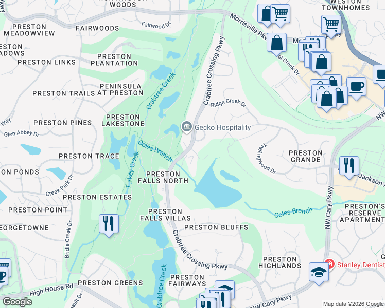 map of restaurants, bars, coffee shops, grocery stores, and more near 790 Crabtree Crossing Parkway in Cary