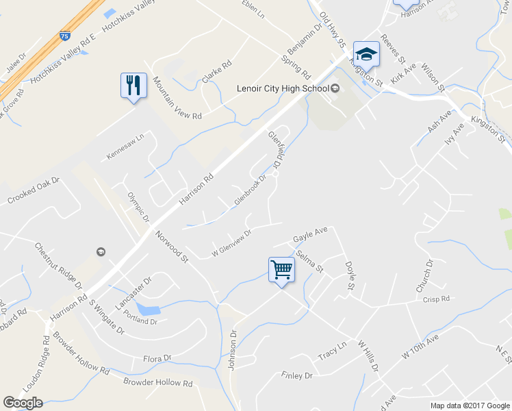 map of restaurants, bars, coffee shops, grocery stores, and more near 537 Glenshire Ln in Lenoir City