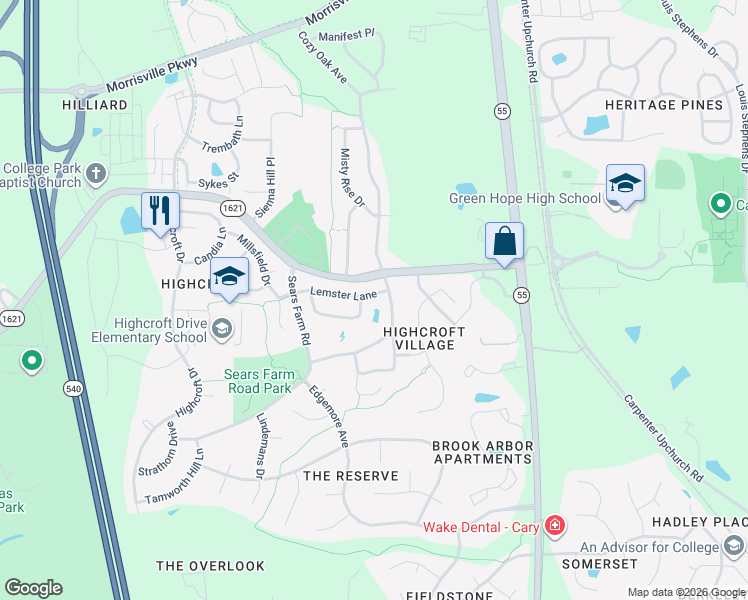 map of restaurants, bars, coffee shops, grocery stores, and more near 917 Lemster Lane in Cary