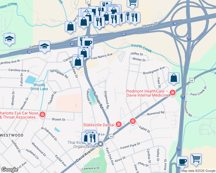 map of restaurants, bars, coffee shops, grocery stores, and more near 582 Dogwood Road in Statesville