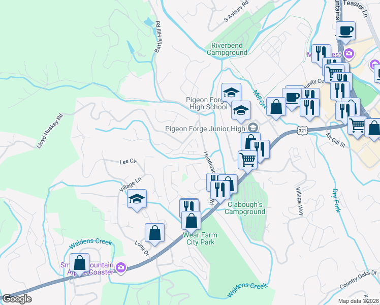 map of restaurants, bars, coffee shops, grocery stores, and more near 532 Blackberry Ridge Way in Pigeon Forge