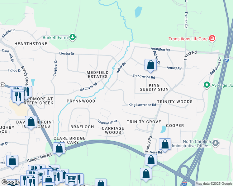 map of restaurants, bars, coffee shops, grocery stores, and more near 6609 King Lawrence Road in Raleigh