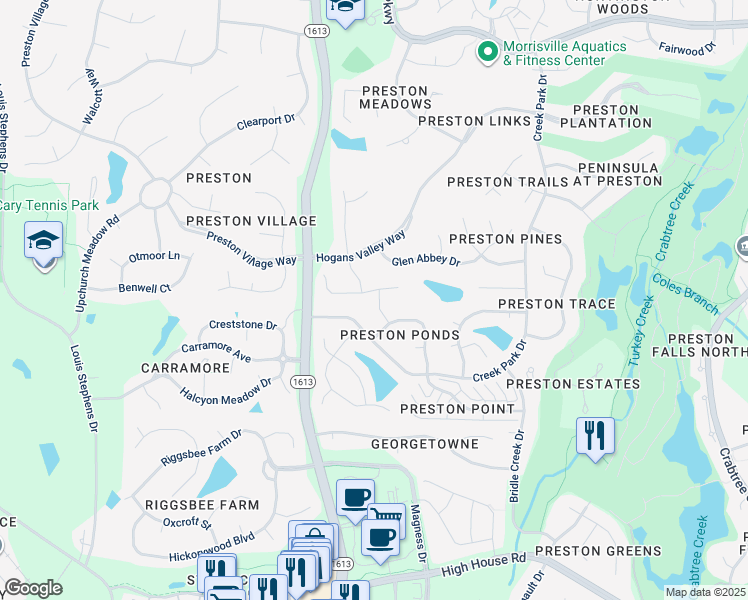 map of restaurants, bars, coffee shops, grocery stores, and more near 505 Calderbank Way in Cary